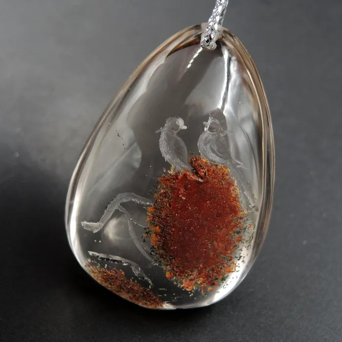 Carved Natural Lodolite Phantom Quartz Pendant Front Drilled Hand Carved Magpie Bird Rock Crystal Pendant One of a Kind Pendant P1810 Intrinsic Trading Necklaces