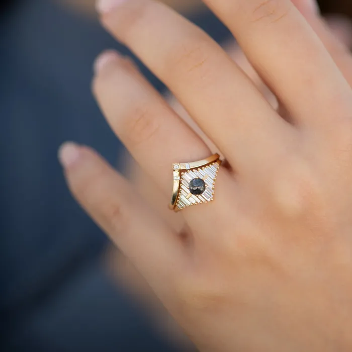 Chevron Wedding Ring with Baguette and Carre Diamonds ARTEMER Rings Chevron Wedding Ring with Baguette and Carre Diamonds ARTEMER Rings