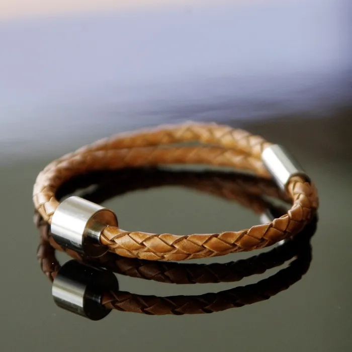 Cognac Silver TadBlu Braided Leather Mens Cremation Bead Bracelet Tadblu Bracelets