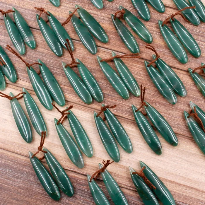 Drilled Natural Green Jade Earring Pair Long Teardrop Cabochon Cab Pair Matched Earrings Bead Pair Intrinsic Trading Earrings