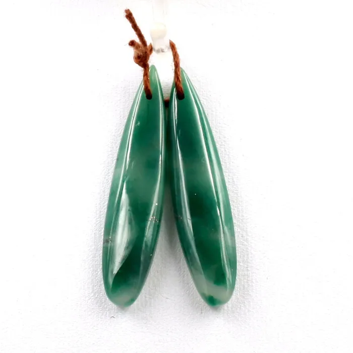 Drilled Natural Green Jade Earring Pair Long Teardrop Cabochon Cab Pair Matched Earrings Bead Pair Intrinsic Trading Earrings