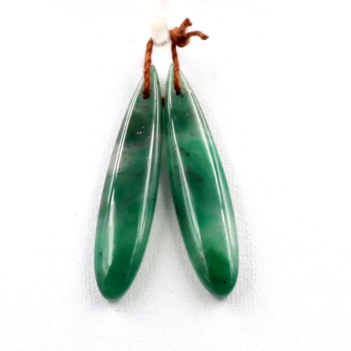 Drilled Natural Green Jade Earring Pair Long Teardrop Cabochon Cab Pair Matched Earrings Bead Pair Intrinsic Trading Earrings
