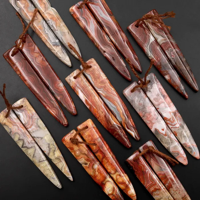 Drilled Natural Mexican Laguna Lace Agate Long Dagger Modern Triangle Earring Matched Gemstone Cabochon Bead Pair Intrinsic Trading Earrings