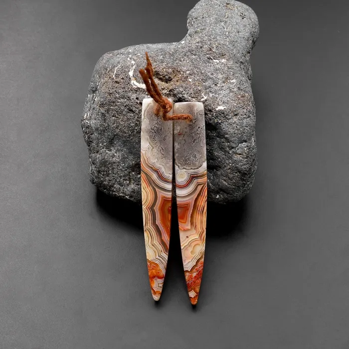 Drilled Natural Mexican Laguna Lace Agate Long Dagger Modern Triangle Earring Matched Gemstone Cabochon Bead Pair Intrinsic Trading Earrings