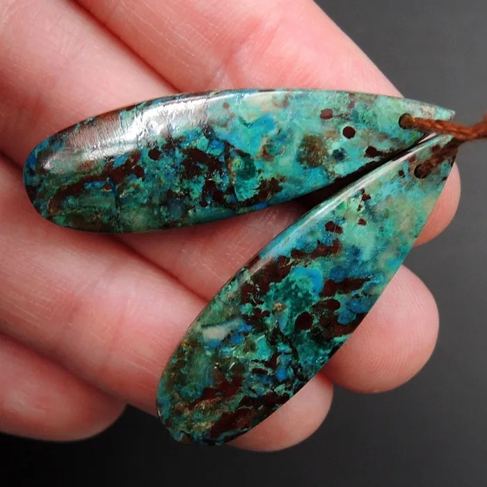Drilled Parrot Wing Chrysocolla Earring Pair Matched Long Teardrop Cabochon Natural Blue Green Chrysocolla Gemstone Stone Bead Pair E3169 Intrinsic Trading Earrings