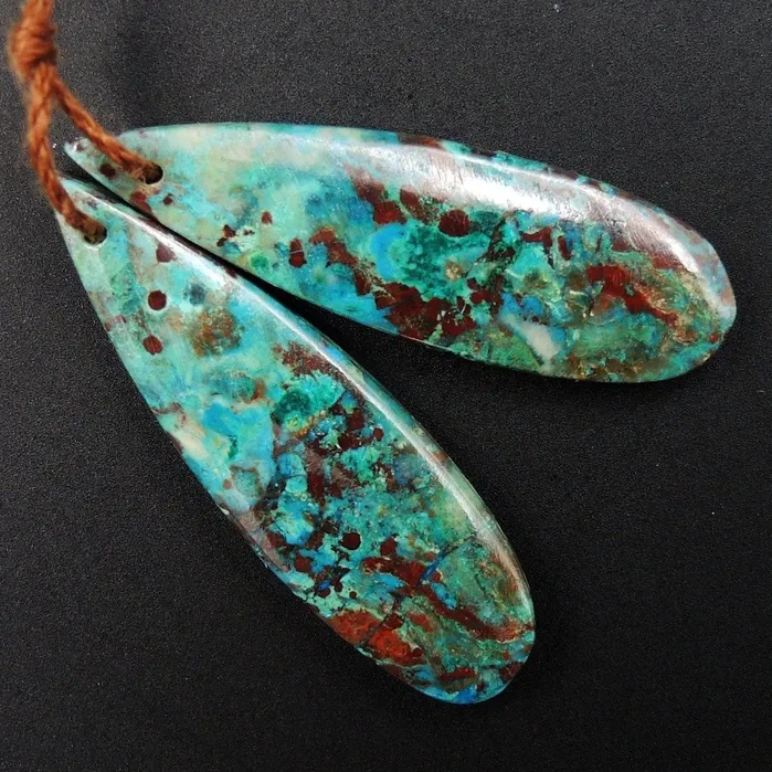Drilled Parrot Wing Chrysocolla Earring Pair Matched Long Teardrop Cabochon Natural Blue Green Chrysocolla Gemstone Stone Bead Pair E3169 Intrinsic Trading Earrings