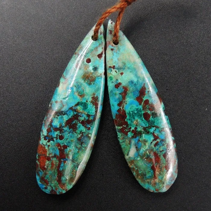 Drilled Parrot Wing Chrysocolla Earring Pair Matched Long Teardrop Cabochon Natural Blue Green Chrysocolla Gemstone Stone Bead Pair E3169 Intrinsic Trading Earrings