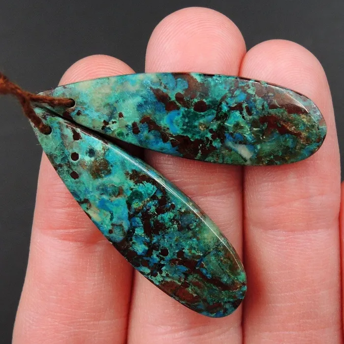 Drilled Parrot Wing Chrysocolla Earring Pair Matched Long Teardrop Cabochon Natural Blue Green Chrysocolla Gemstone Stone Bead Pair E3169 Intrinsic Trading Earrings