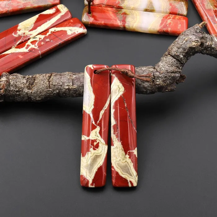 Earrings Natural Red River Jasper Long Rectangle Earring Pair Drilled Matched Gemstone Beads Intrinsic Trading Earrings Natural Red River Jasper Long Rectangle Earring Pair Drilled Matched Gemstone Beads Intrinsic Trading