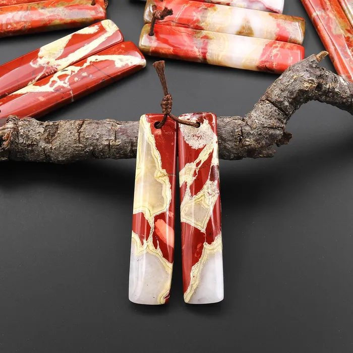 Earrings Natural Red River Jasper Long Rectangle Earring Pair Drilled Matched Gemstone Beads Intrinsic Trading