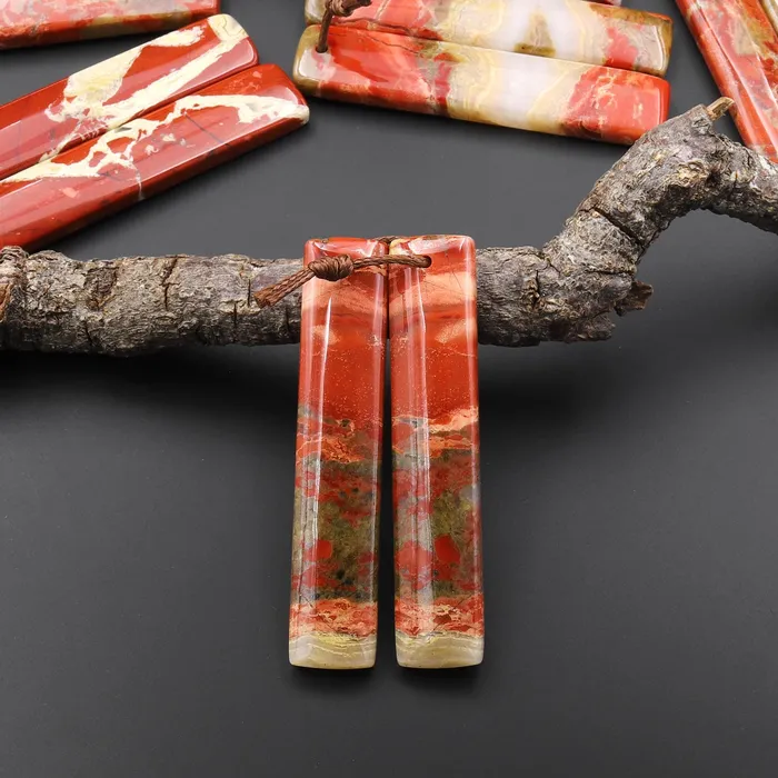 Earrings Natural Red River Jasper Long Rectangle Earring Pair Drilled Matched Gemstone Beads Intrinsic Trading