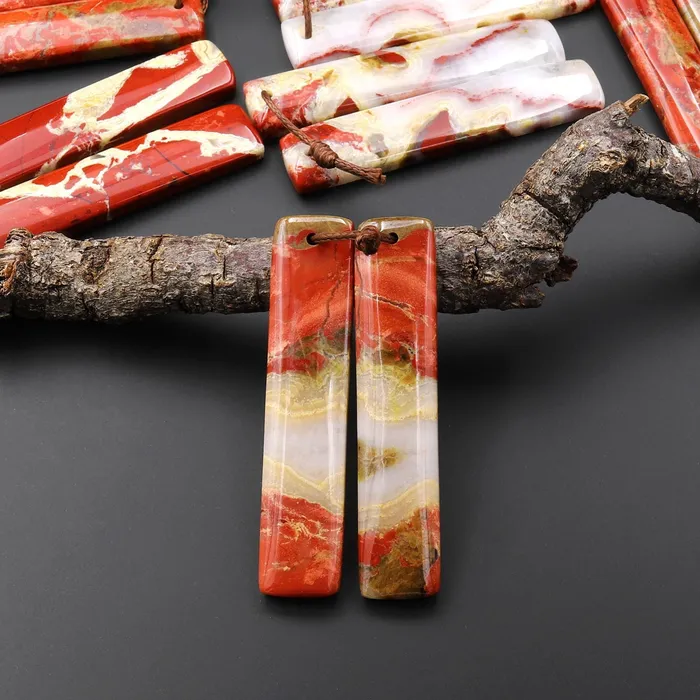 Earrings Natural Red River Jasper Long Rectangle Earring Pair Drilled Matched Gemstone Beads Intrinsic Trading