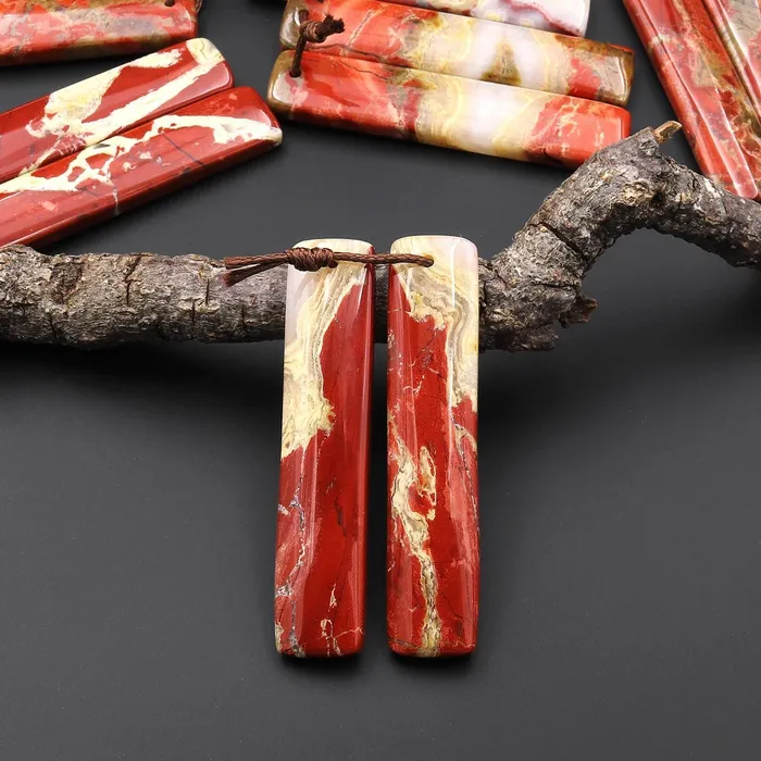 Earrings Natural Red River Jasper Long Rectangle Earring Pair Drilled Matched Gemstone Beads Intrinsic Trading