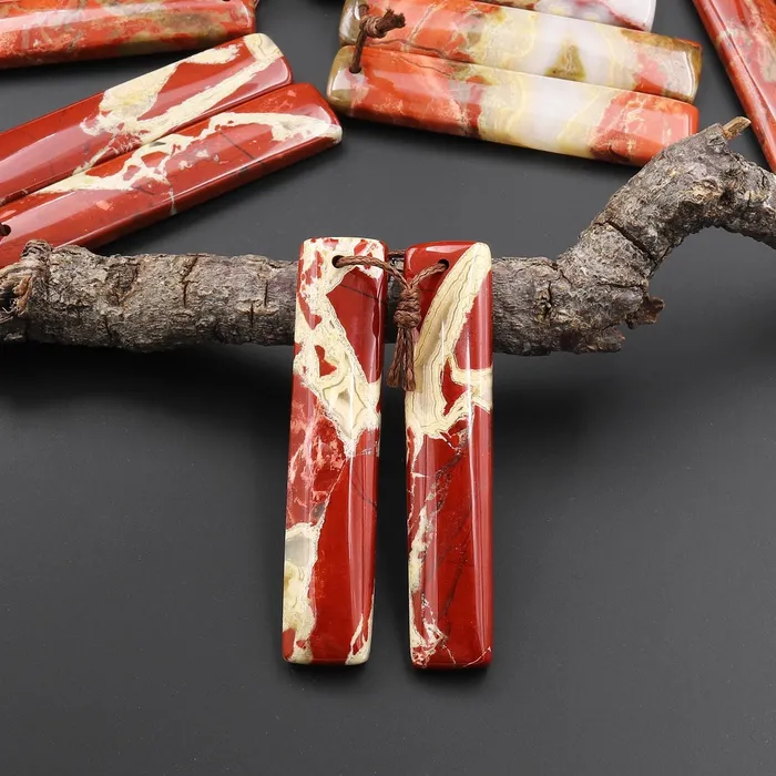 Earrings Natural Red River Jasper Long Rectangle Earring Pair Drilled Matched Gemstone Beads Intrinsic Trading
