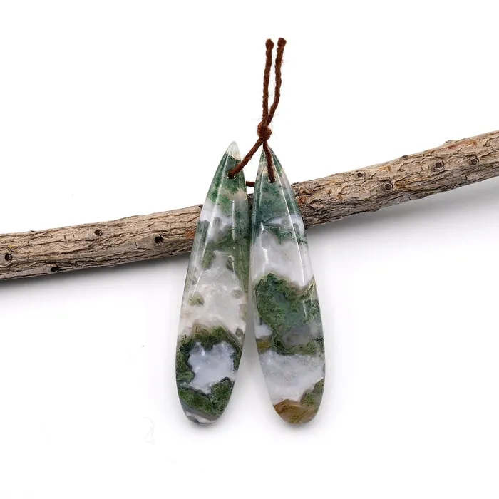 Earrings Translucent Natural Green Moss Agate Earring Pair Drilled Teardrop Cabochon Cab Pair Matched Gemstone Beads Intrinsic Trading