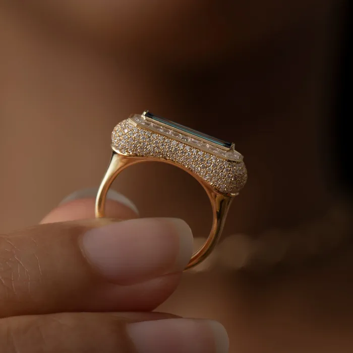 Fancy Color Blue Diamond Ring with Pave Diamond Detailing ARTEMER Rings