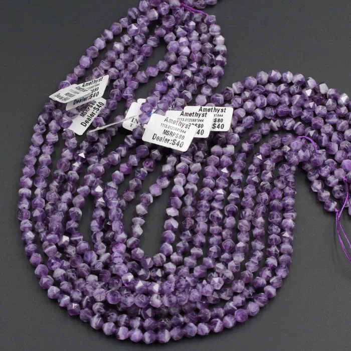 Intrinsic Trading Earrings Geometric Cut Star Cut Genuine 100 Natural Amethyst Faceted 6mm Rounded Nugget Beads Strand