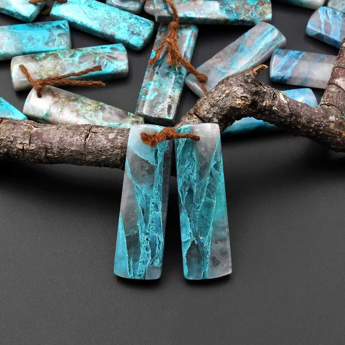 Intrinsic Trading Earrings Natural Chrysocolla in Quartz Rectangle Earring Pair Matched Gemstone Beads A4