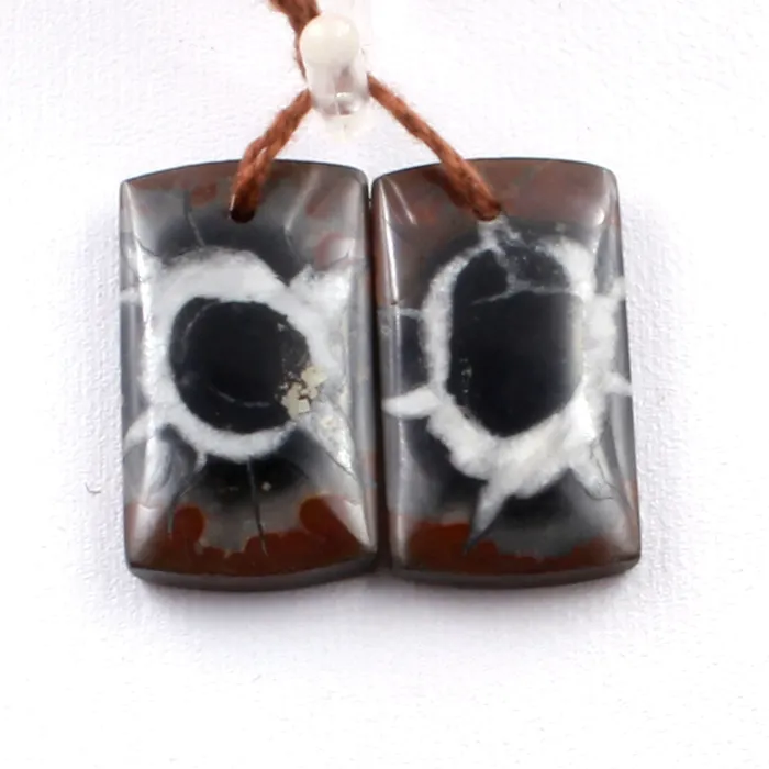 Intrinsic Trading Earrings Natural Septarian Fossil Earring Pair Cabochon Cab Pair Drilled Short Square Rectangle Matched Earrings Black White Pattern Bead Pair