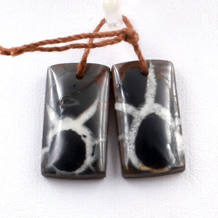 Intrinsic Trading Earrings Natural Septarian Fossil Earring Pair Cabochon Cab Pair Drilled Short Square Rectangle Matched Earrings Black White Pattern Bead Pair