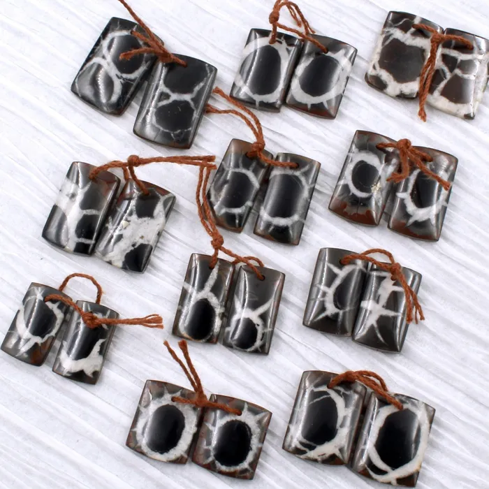 Intrinsic Trading Earrings Natural Septarian Fossil Earring Pair Cabochon Cab Pair Drilled Short Square Rectangle Matched Earrings Black White Pattern Bead Pair
