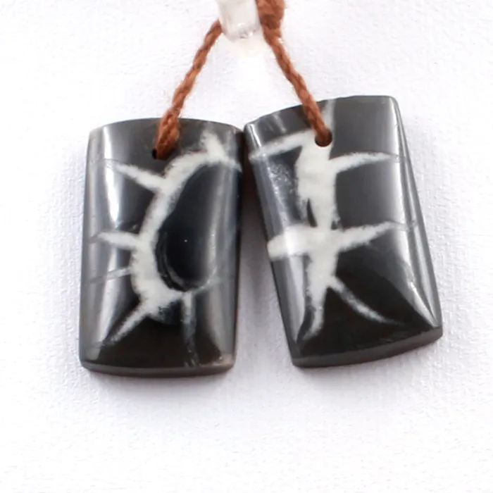 Intrinsic Trading Earrings Natural Septarian Fossil Earring Pair Cabochon Cab Pair Drilled Short Square Rectangle Matched Earrings Black White Pattern Bead Pair
