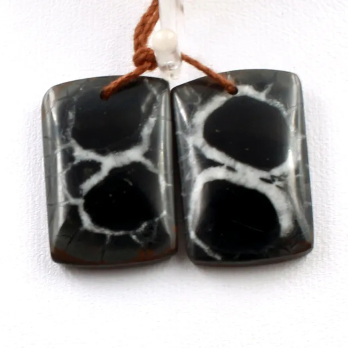 Intrinsic Trading Earrings Natural Septarian Fossil Earring Pair Cabochon Cab Pair Drilled Short Square Rectangle Matched Earrings Black White Pattern Bead Pair