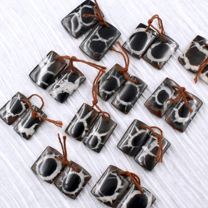 Intrinsic Trading Earrings Natural Septarian Fossil Earring Pair Cabochon Cab Pair Drilled Short Square Rectangle Matched Earrings Black White Pattern Bead Pair