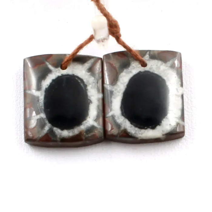 Intrinsic Trading Earrings Natural Septarian Fossil Earring Pair Cabochon Cab Pair Drilled Short Square Rectangle Matched Earrings Black White Pattern Bead Pair