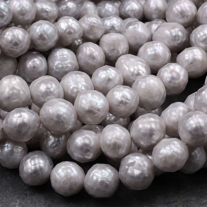 Intrinsic Trading Faceted Genuine Freshwater Silver Pearl 10mm Round Shimmery Iridescent Beads 16 Strand Rings