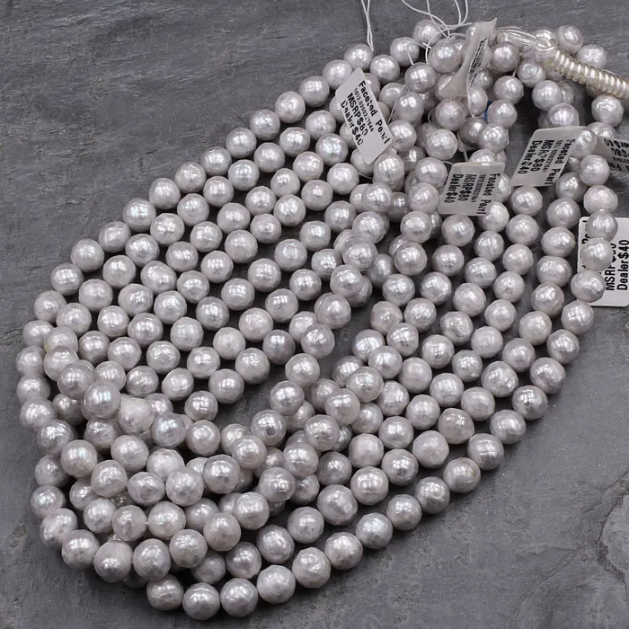 Intrinsic Trading Faceted Genuine Freshwater Silver Pearl 10mm Round Shimmery Iridescent Beads 16 Strand Rings
