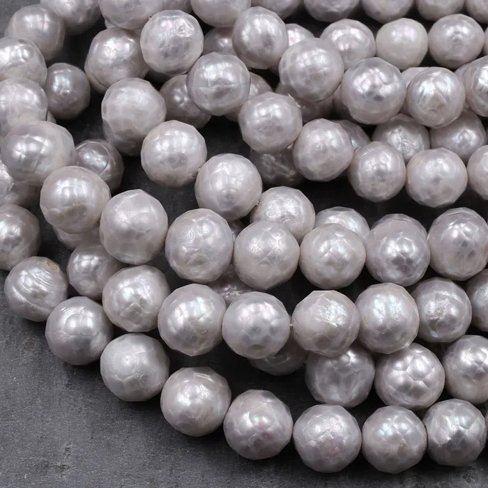Intrinsic Trading Faceted Genuine Freshwater Silver Pearl 10mm Round Shimmery Iridescent Beads 16 Strand Rings