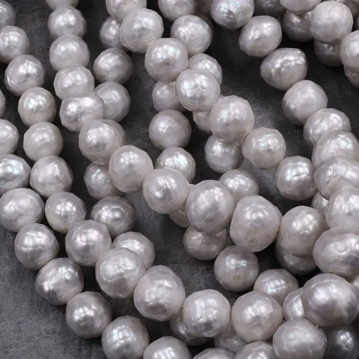 Intrinsic Trading Faceted Genuine Freshwater Silver Pearl 10mm Round Shimmery Iridescent Beads 16 Strand Rings