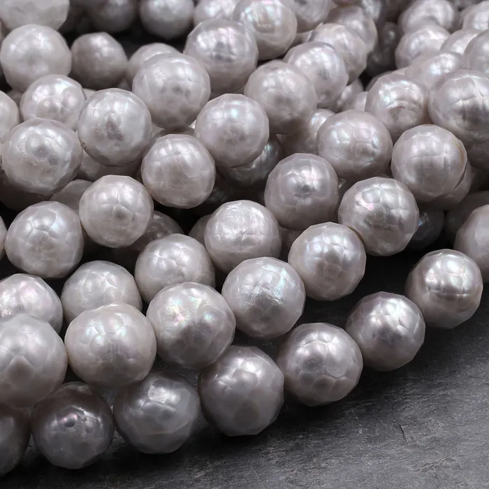 Intrinsic Trading Faceted Genuine Freshwater Silver Pearl 10mm Round Shimmery Iridescent Beads 16 Strand Rings