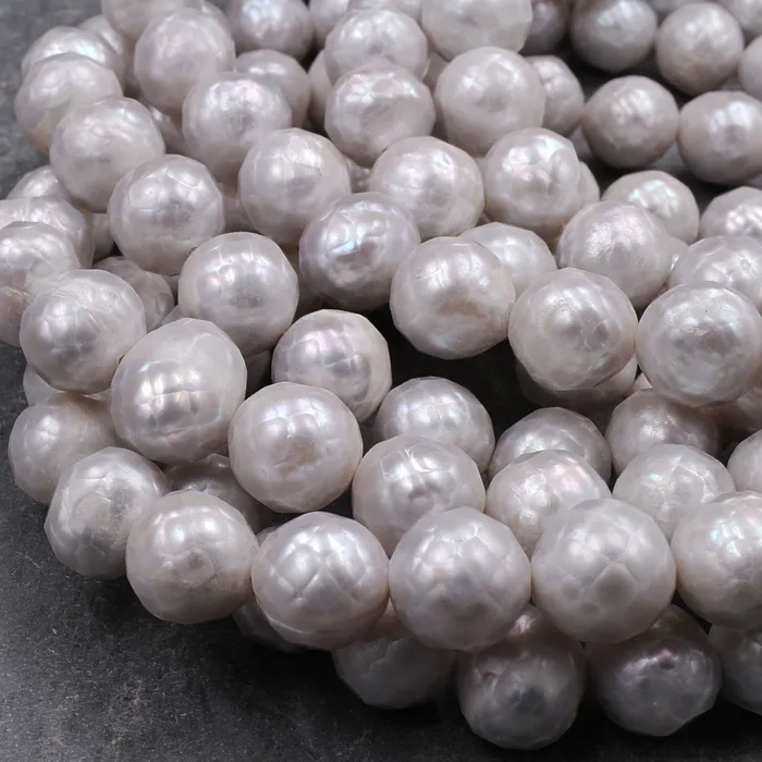 Intrinsic Trading Faceted Genuine Freshwater Silver Pearl 10mm Round Shimmery Iridescent Beads 16 Strand Rings