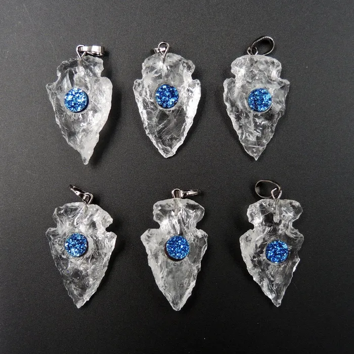 Intrinsic Trading Natural Rough Raw Rock Quartz Pendants With Blue Druzy Center Hand Hammered 1 Inch Arrowhead Pendant Focal Bead Necklaces