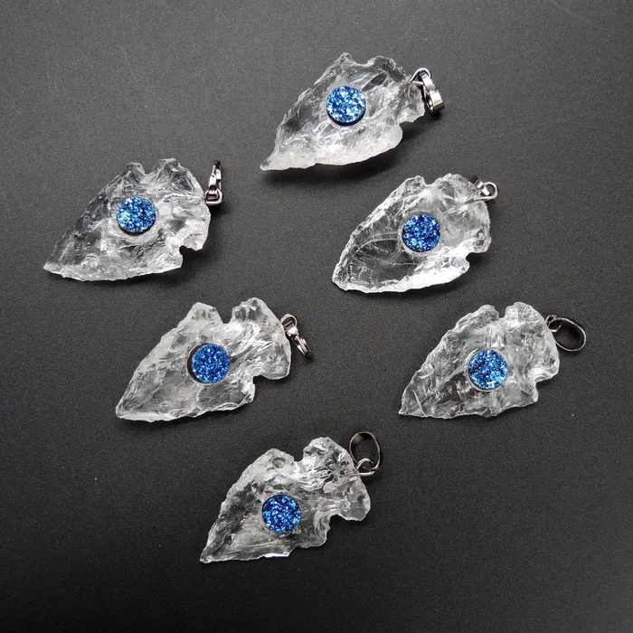Intrinsic Trading Natural Rough Raw Rock Quartz Pendants With Blue Druzy Center Hand Hammered 1 Inch Arrowhead Pendant Focal Bead Necklaces