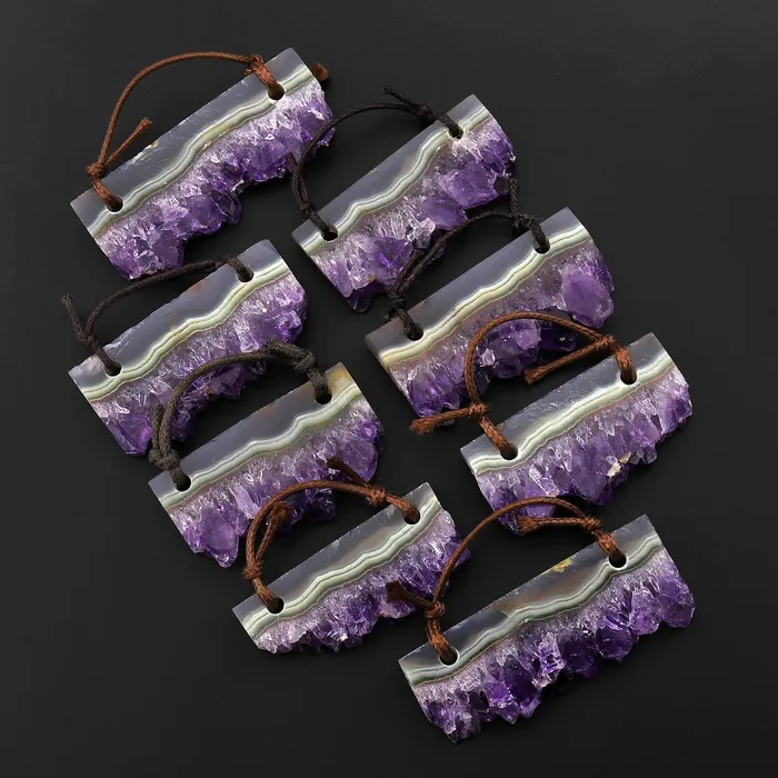 Intrinsic Trading Necklaces 2 Hole Pendant Natural Purple Mint Green Amethyst Stalactite Druzy Pendant Drilled Flat Slice Long Rectangle