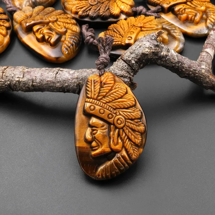 Intrinsic Trading Necklaces AAA Hand Carved Natural Tigers Eye Native American Indian Face Pendant Gemstone Focal Bead