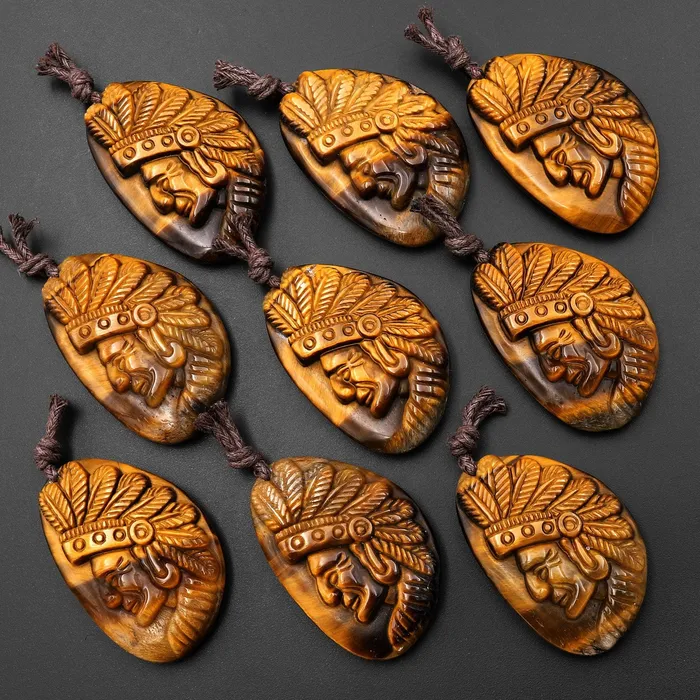 Intrinsic Trading Necklaces AAA Hand Carved Natural Tigers Eye Native American Indian Face Pendant Gemstone Focal Bead