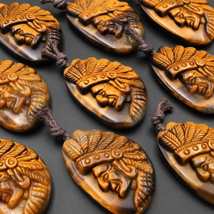 Intrinsic Trading Necklaces AAA Hand Carved Natural Tigers Eye Native American Indian Face Pendant Gemstone Focal Bead