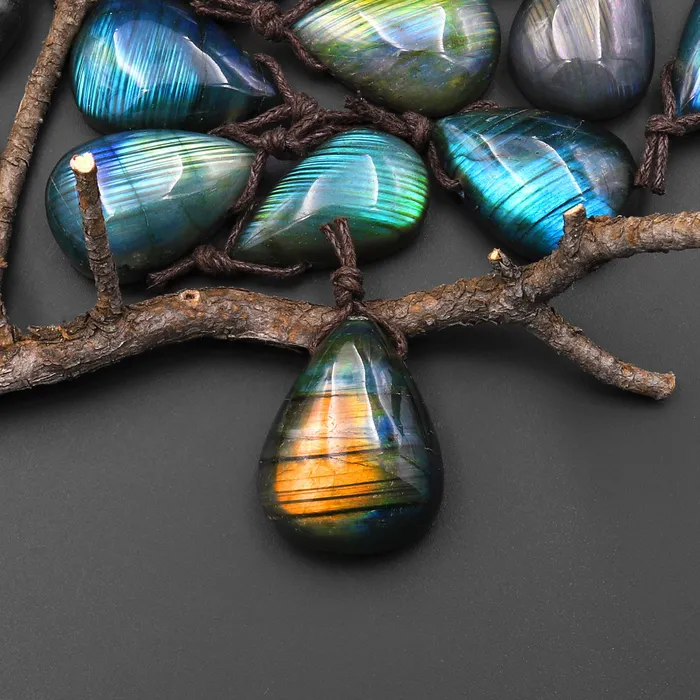 Intrinsic Trading Necklaces AAA Natural Rainbow Labradorite Teardrop w Stripes Side Drilled Pendant