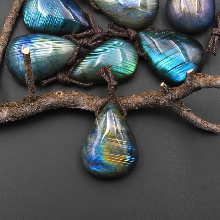 Intrinsic Trading Necklaces AAA Natural Rainbow Labradorite Teardrop w Stripes Side Drilled Pendant