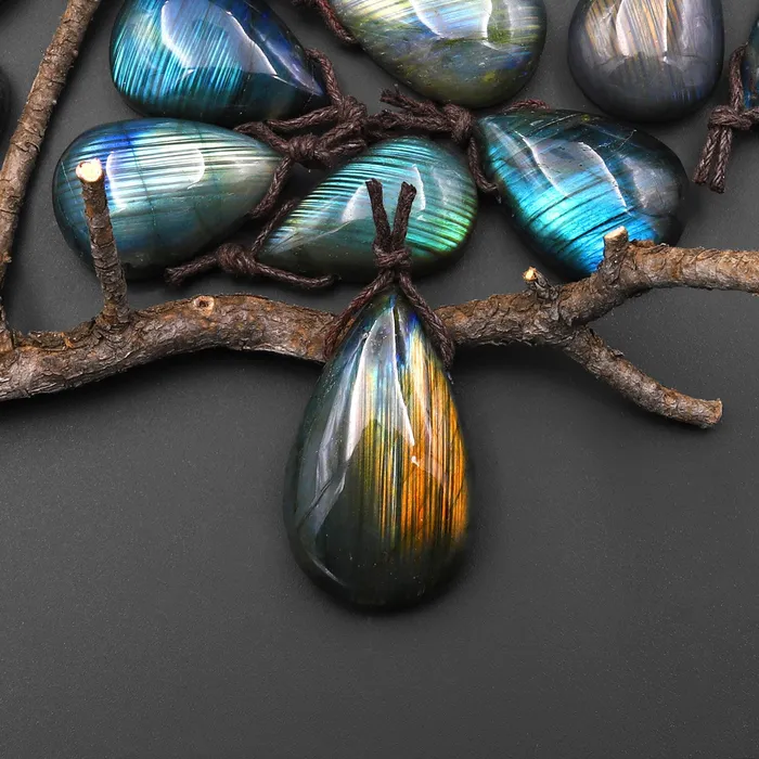 Intrinsic Trading Necklaces AAA Natural Rainbow Labradorite Teardrop w Stripes Side Drilled Pendant