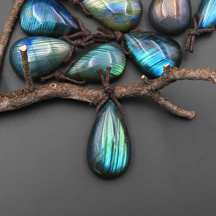 Intrinsic Trading Necklaces AAA Natural Rainbow Labradorite Teardrop w Stripes Side Drilled Pendant