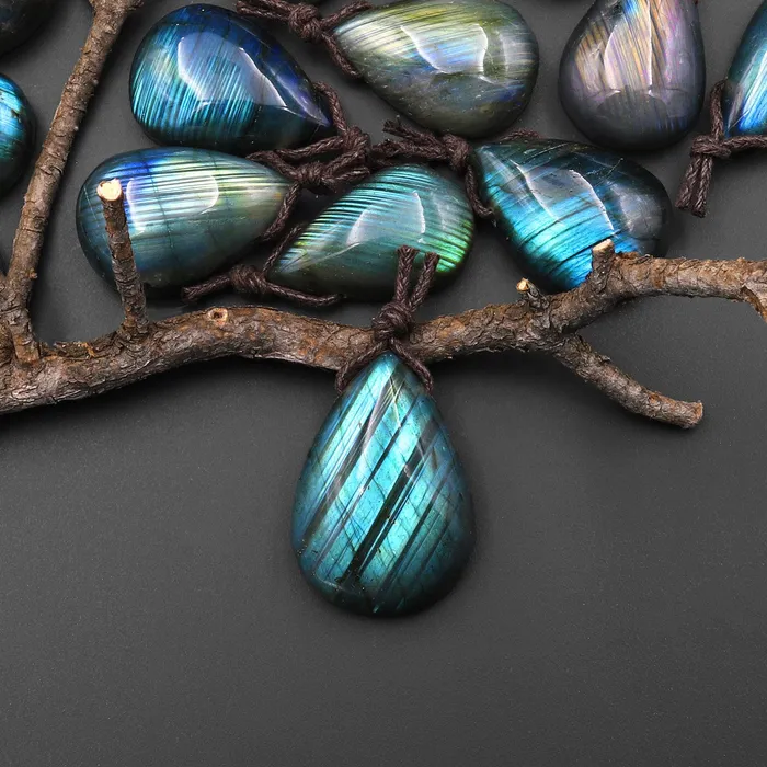Intrinsic Trading Necklaces AAA Natural Rainbow Labradorite Teardrop w Stripes Side Drilled Pendant