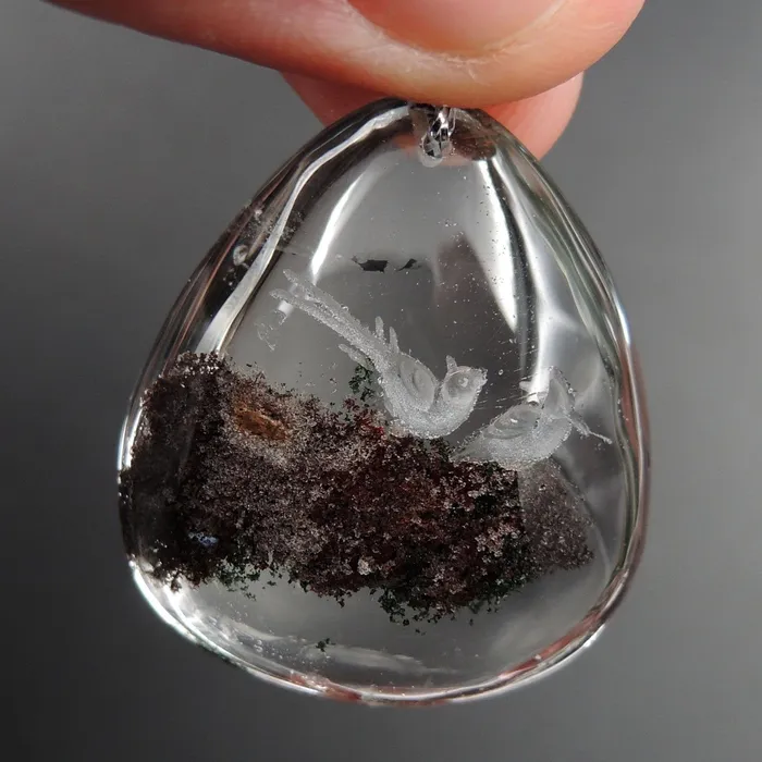 Intrinsic Trading Necklaces Carved Natural Lodolite Phantom Quartz Pendant Front Drilled Hand Carved Magpie Bird Rock Crystal Pendant One of a Kind Pendant P1801