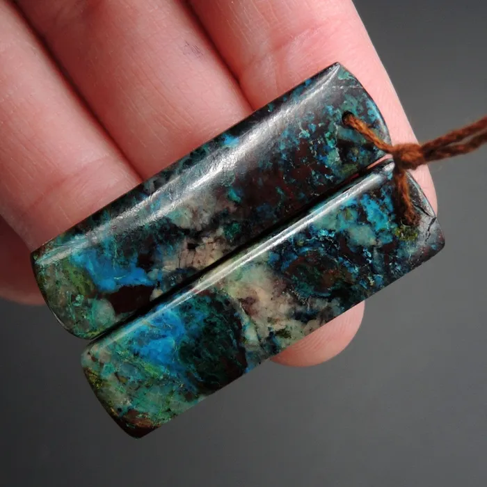 Intrinsic Trading Parrot Wing Chrysocolla Earring Pair Drilled Rectangle Natural Stone Earring Pair E2622 Earrings