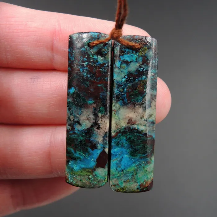 Intrinsic Trading Parrot Wing Chrysocolla Earring Pair Drilled Rectangle Natural Stone Earring Pair E2622 Earrings