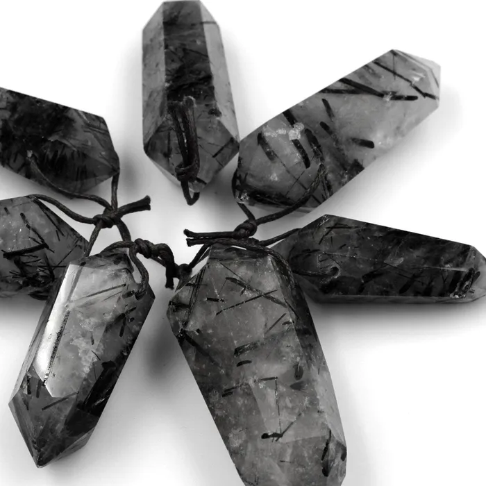 Natural Black Tourmaline Rutilated Quartz Pendant Hand Cut Double Terminated Pendant Side Drilled Designer Tower Point Pendant Bead Intrinsic Trading Necklaces